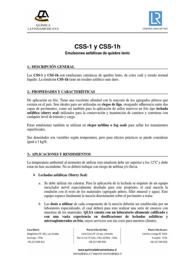 Características y usos de emulsiones asfálticas CSS-1 y CSS-1h | PDF ...