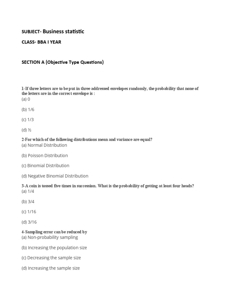 Business Statistics MCQs for BBA | PDF | Mean | Mode (Statistics)