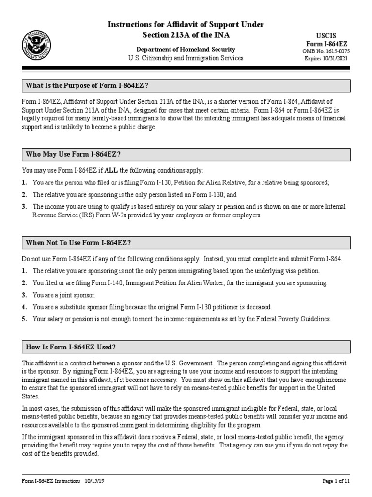Instructions For Affidavit of Support Under Section 213A of The INA ...