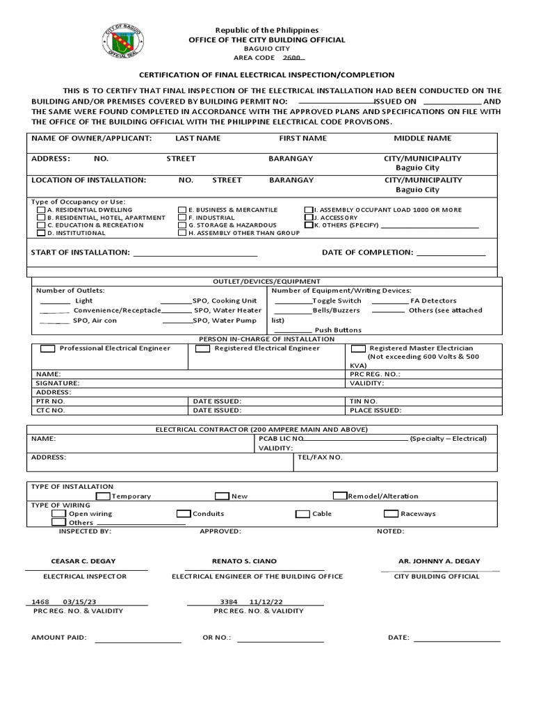 Certificate of Final Electrical Inspection 0 PDF Electrical
