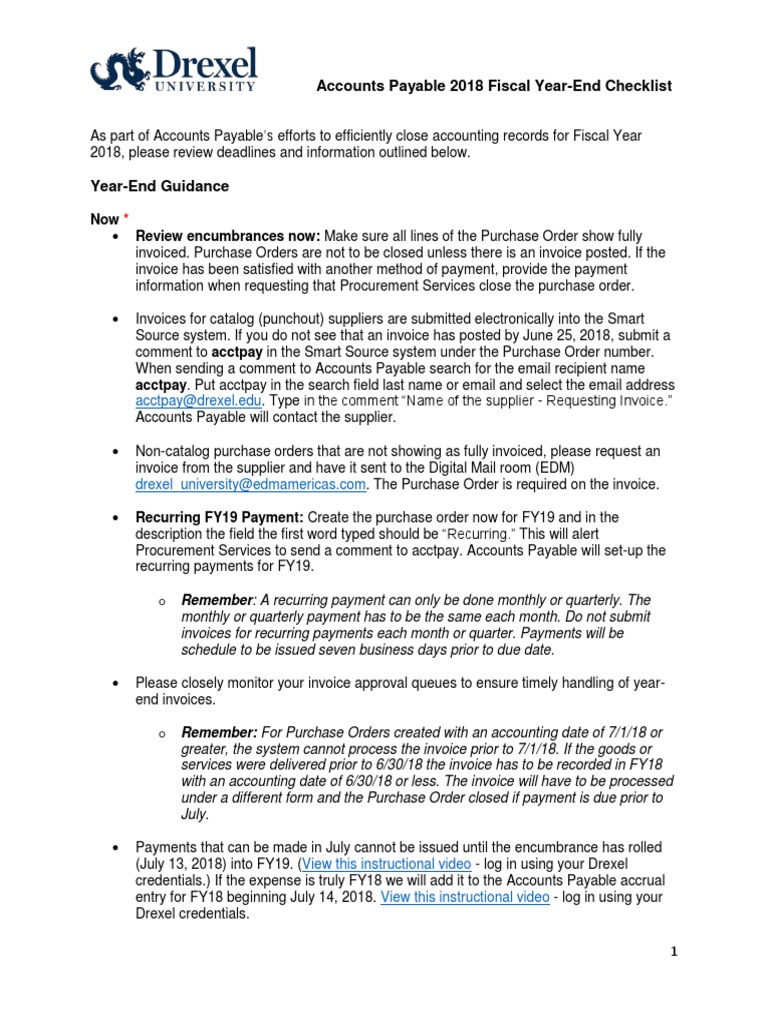 Accounts Payable 2018 Fiscal YearEnd Checklist Acctpaydrexel Edu