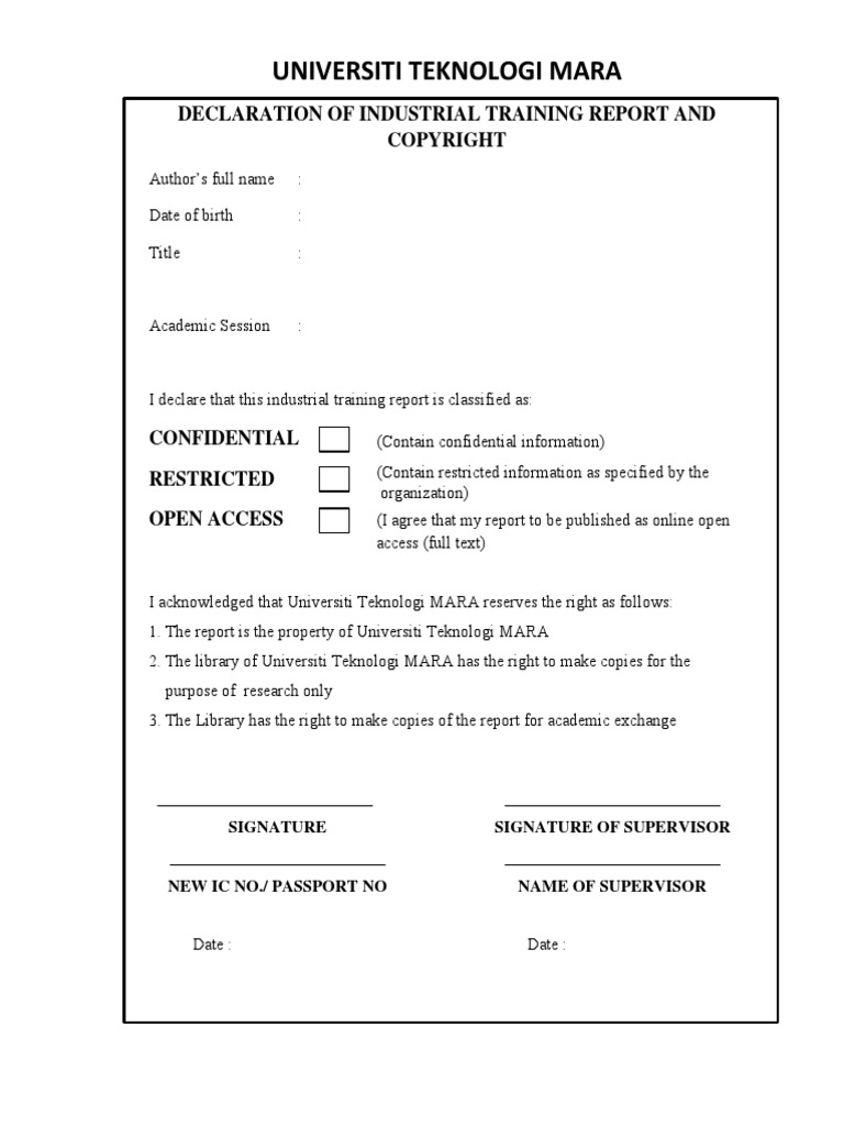 Declaration of Industrial Training Report and Copyright PDF | PDF
