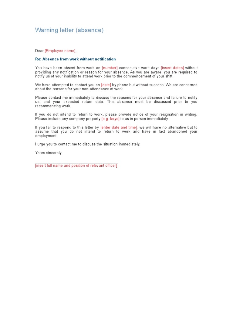Warning Letter for Unnotified Absence | PDF