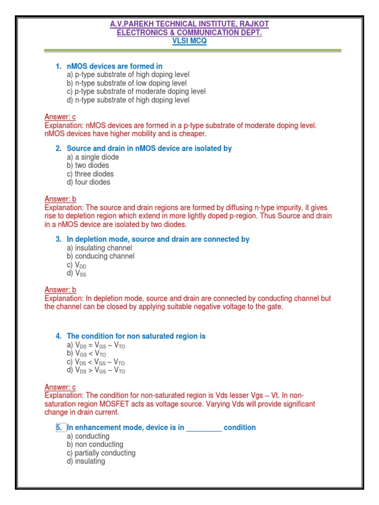 Vlsi MCQ1 PDF Field Effect Transistor Mosfet