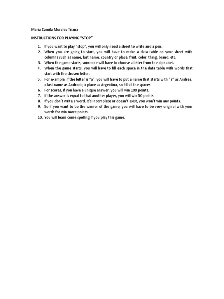 Stop Game Instructions | PDF | Sports & Recreation | Language Arts ...