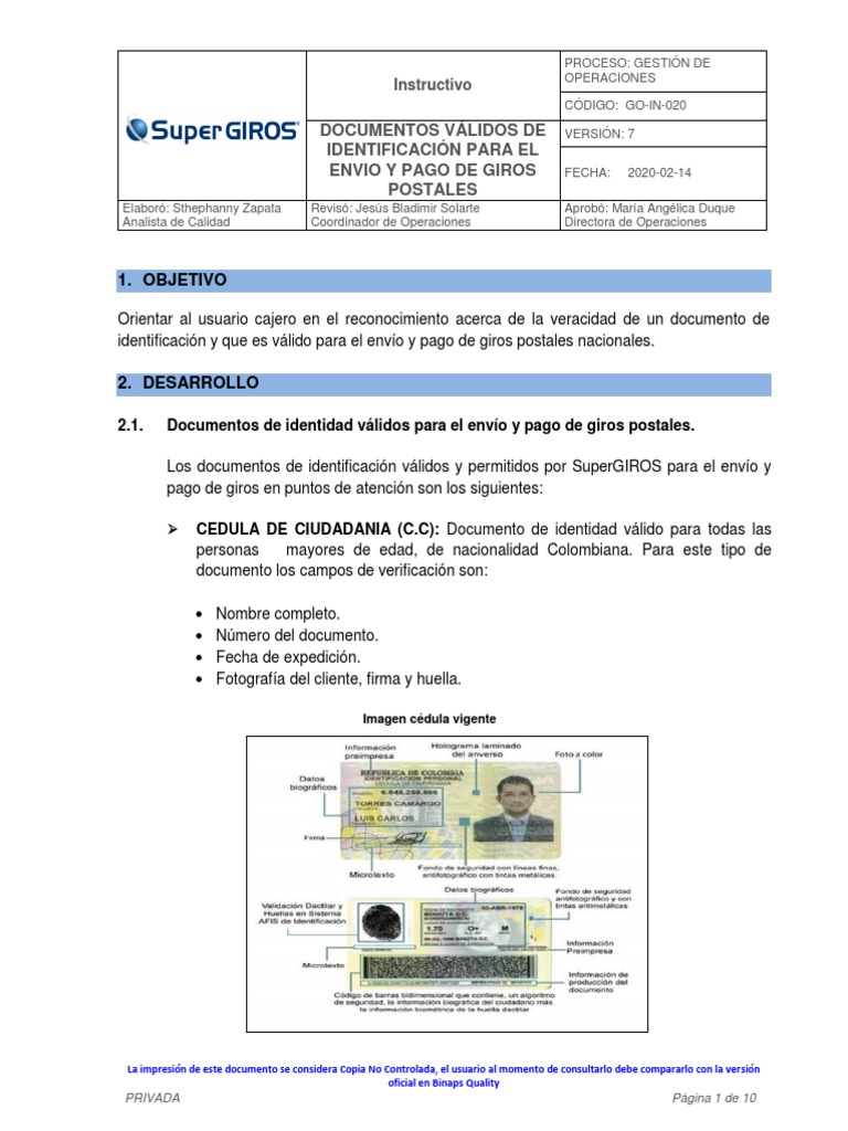 GoIn020 Documentos Válidos de Identificación para El Envio y Pago de Giros Postales PDF PDF