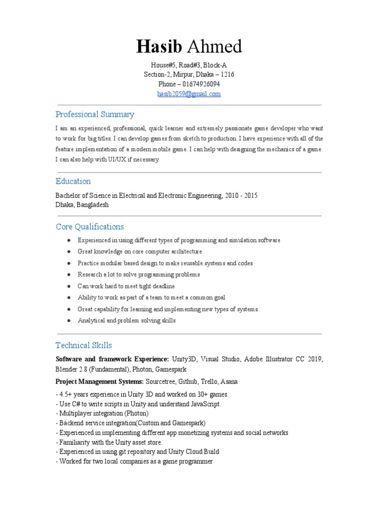 Hasib Ahmed PDF Unity (Game Engine) Computer Programming