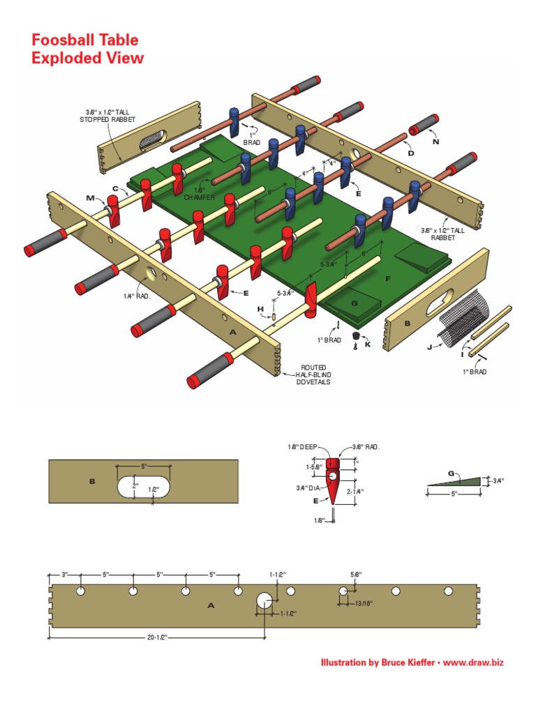 Foosball Table Exploded View Illustration by Bruce Kieffer WWW