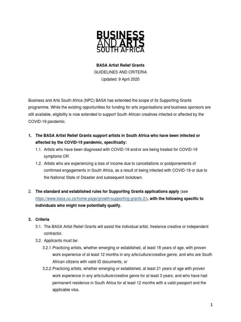 BASA COVID-19 Artist Relief Grants | PDF | Government | Business
