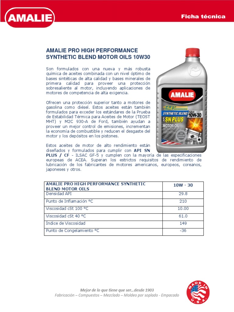 Amalie Pro High Performance Synthetic Blend Motor Oils 10W30 PDF | PDF ...