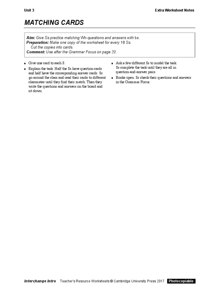 Interchange Intro - Extra Worksheet - Unit 3 | PDF