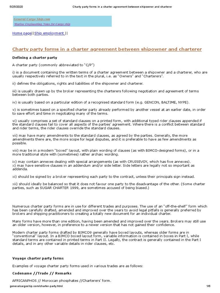 63.charty Party Forms in A Charter Agreement Between Shipowner and ...