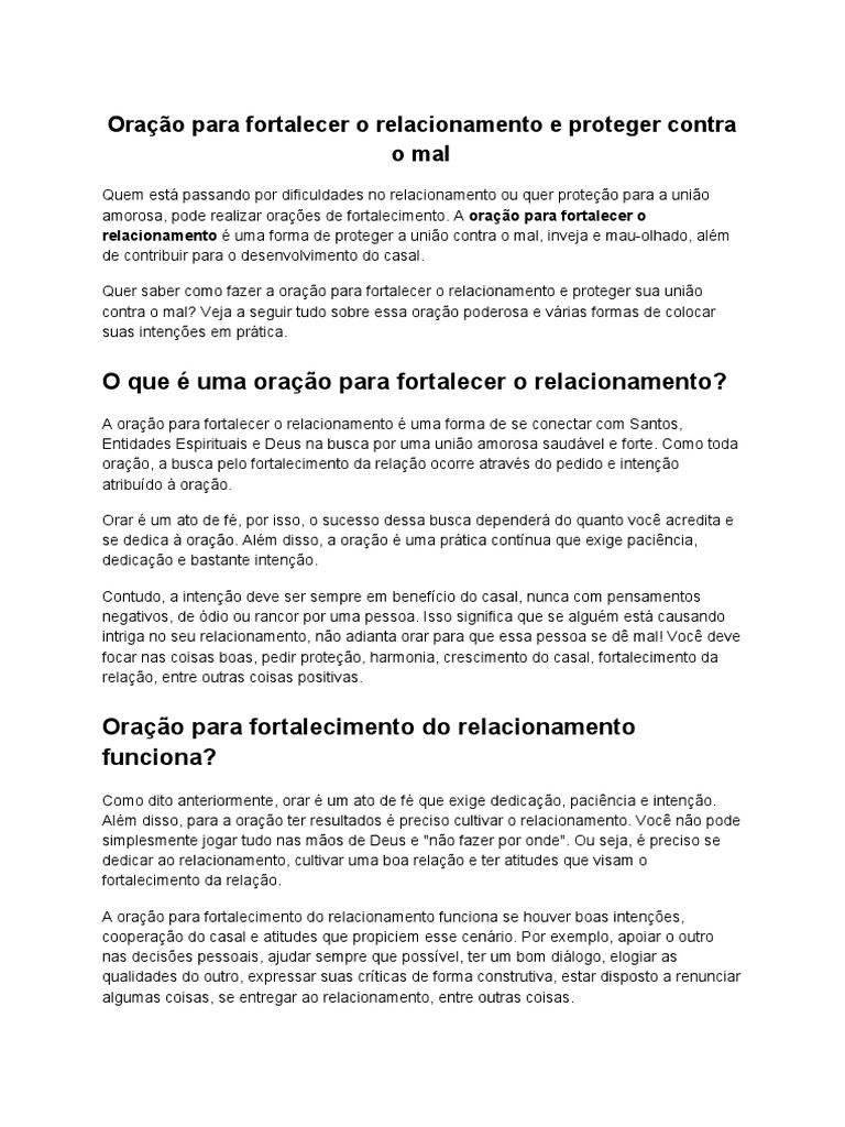 Oração para Fortalecer o Relacionamento e Proteger Contra o Mal | PDF ...