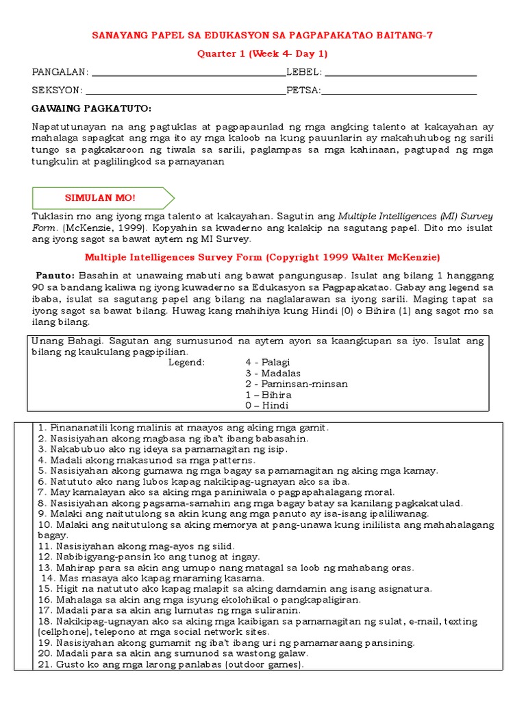 Activity Sheet - Esp 7 Week 4 Day 1 | PDF