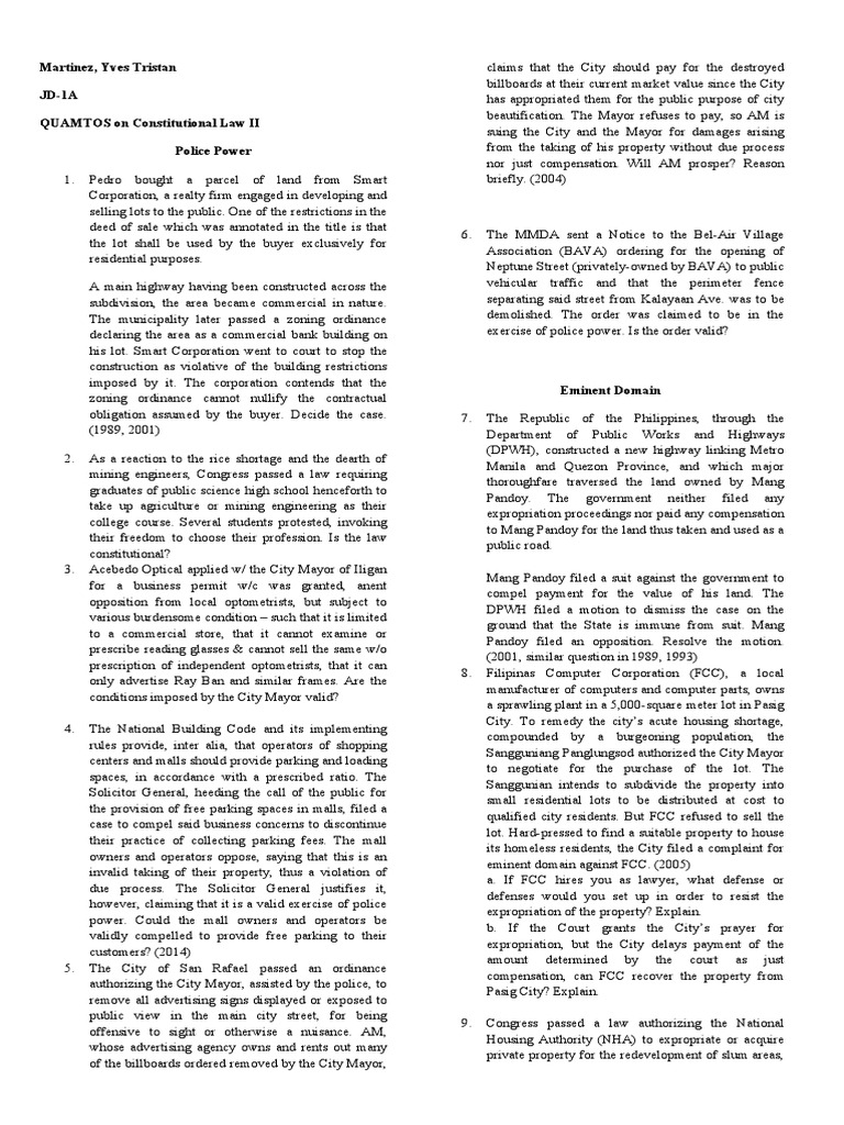 Constitutional Law II Quiz Answers | PDF | Eminent Domain | Search Warrant