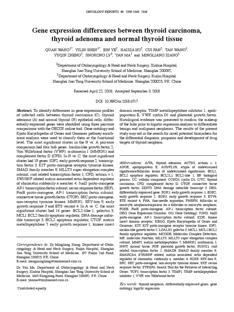 Gene Expression Differences Between Thyroid Carcinoma, Thyroid Adenoma ...