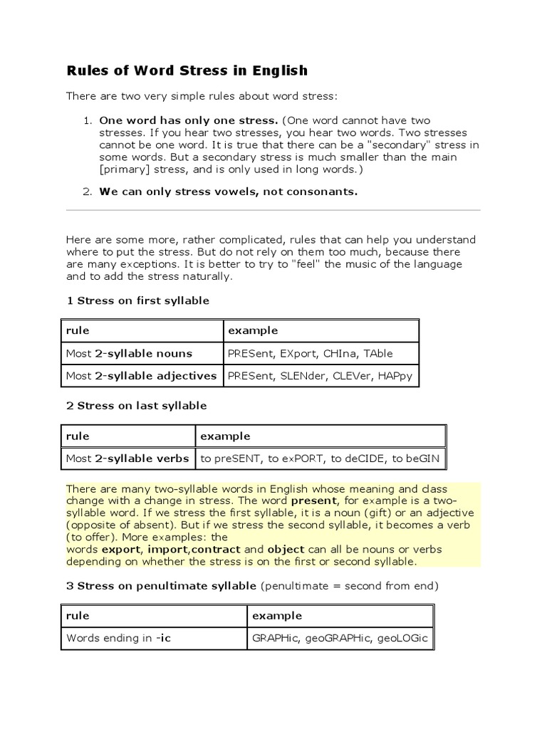 English Word Stress Rules Explained | PDF | Stress (Linguistics ...