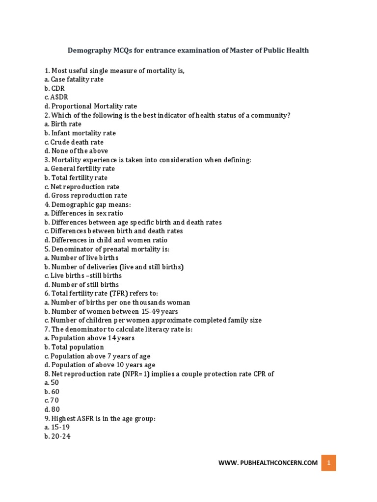 Demography MCQs For Entrance Examination of Master of Public Health PDF ...