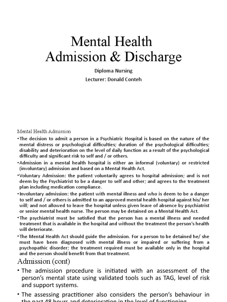 Mental Health Admission & Discharge Dip Nursing PDF Mental Disorder