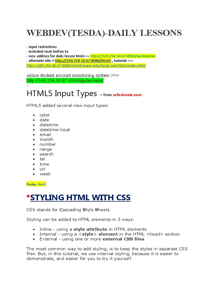 Webdev (Tesda) - Daily Lessons: HTML5 Input Types | PDF | Html ...