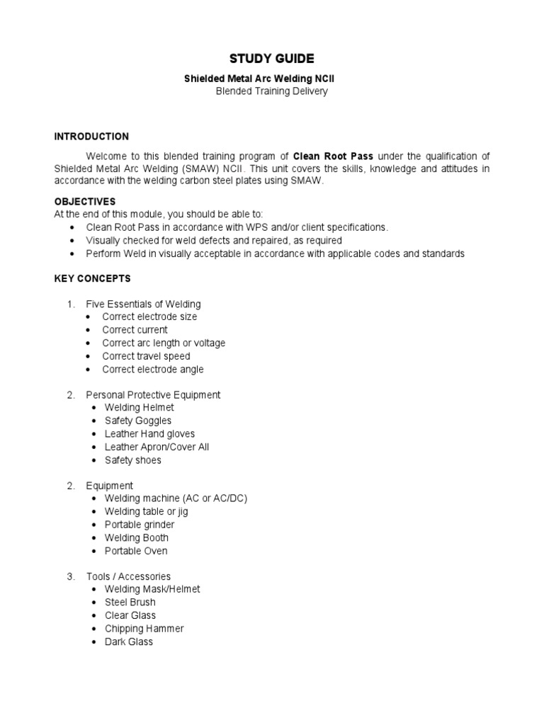 SMAW NCII Study Guide: Clean Root Pass | PDF | Welding | Construction