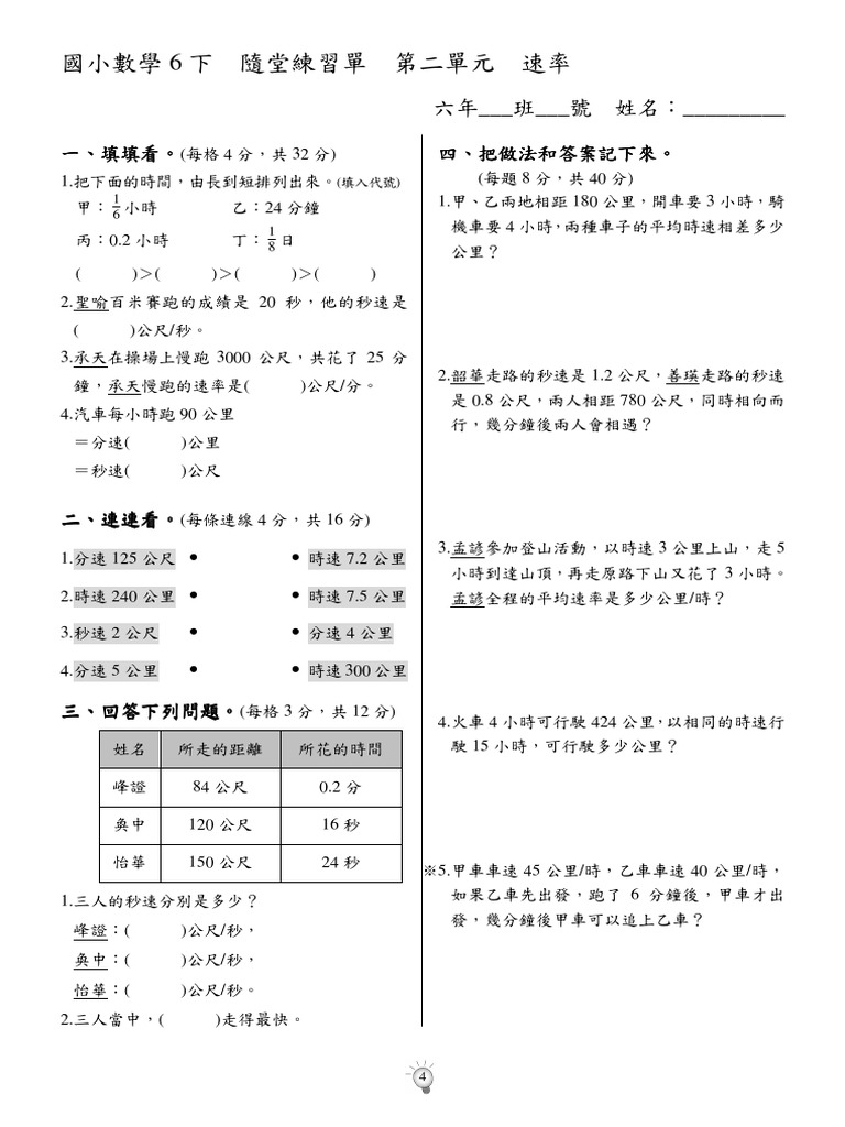 數學6下第04回隨堂練習單 學 第02單元 Pdf