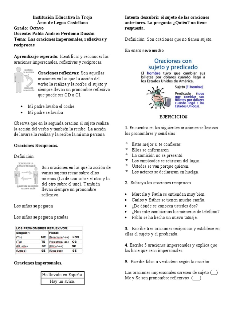 Oraciones reflexivas y recíprocas en 8° | PDF | Asunto (gramática ...