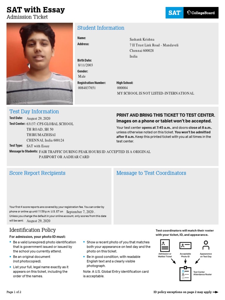Student Information: Admission Ticket | PDF | Identity Document | Sat
