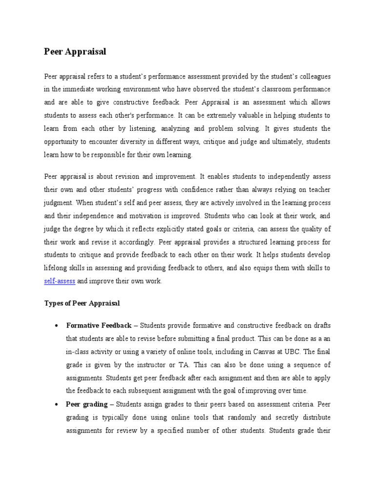 Peer Appraisal PDF Performance Appraisal Rubric (Academic)