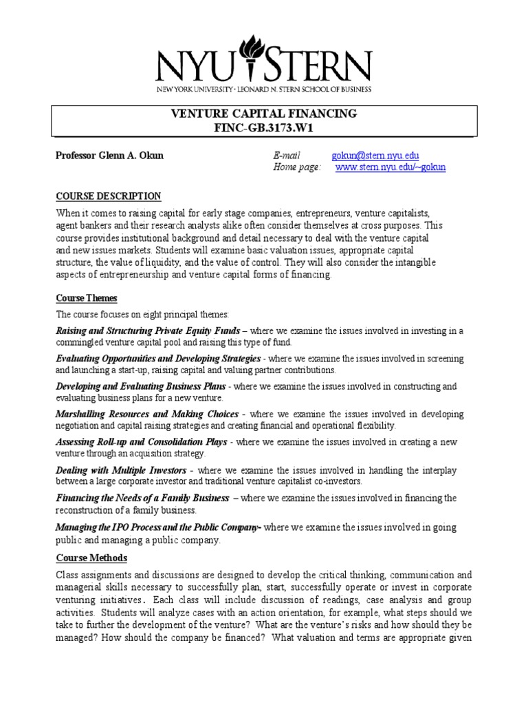Venture Capital Financing Course Overview | PDF | Venture Capital ...