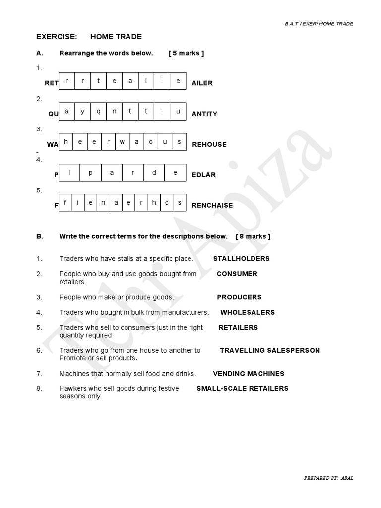 Home Trade Exercise: Vocabulary Quiz | PDF