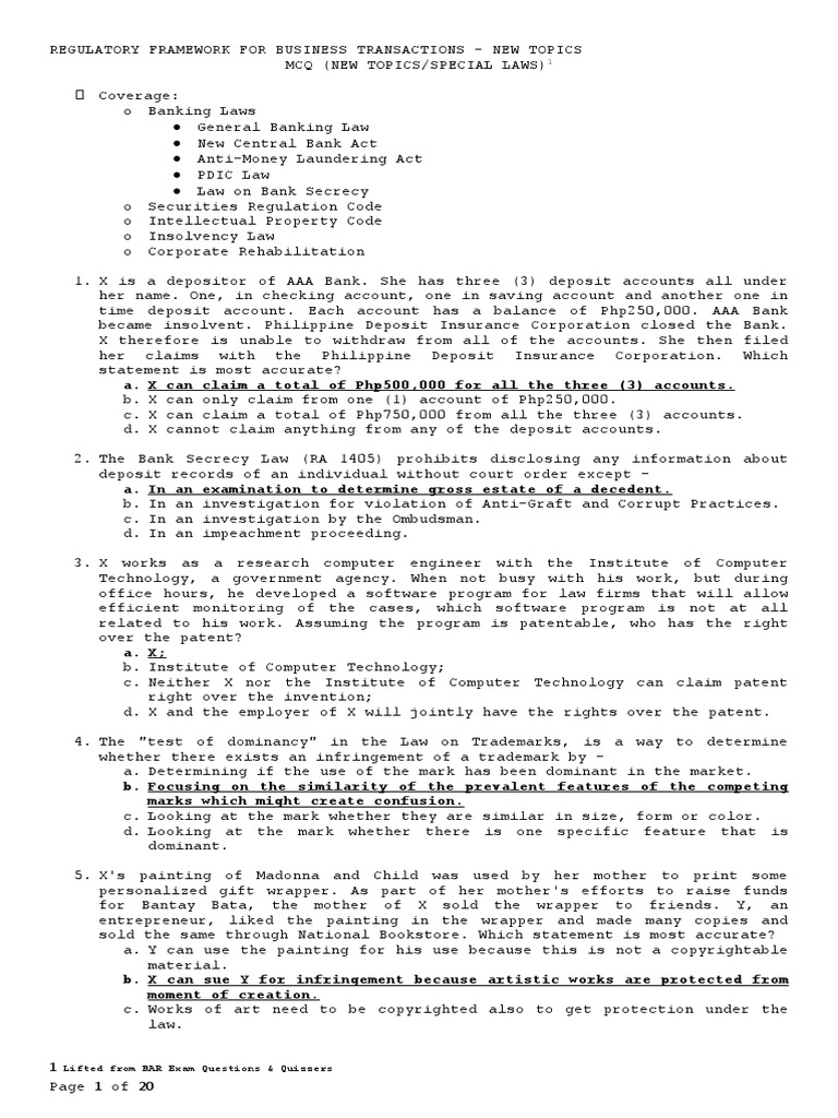 RFBT New Topics Mcqs PDF Patent Deposit Account