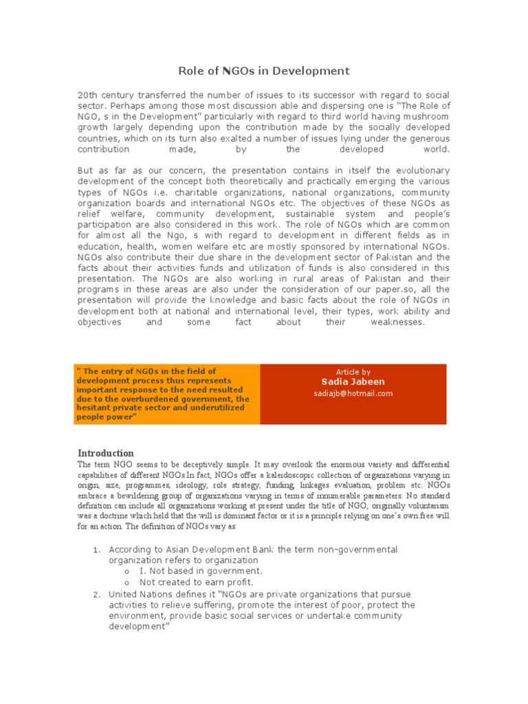 Role of NGOs in Development Dynamics | PDF | Non Governmental ...