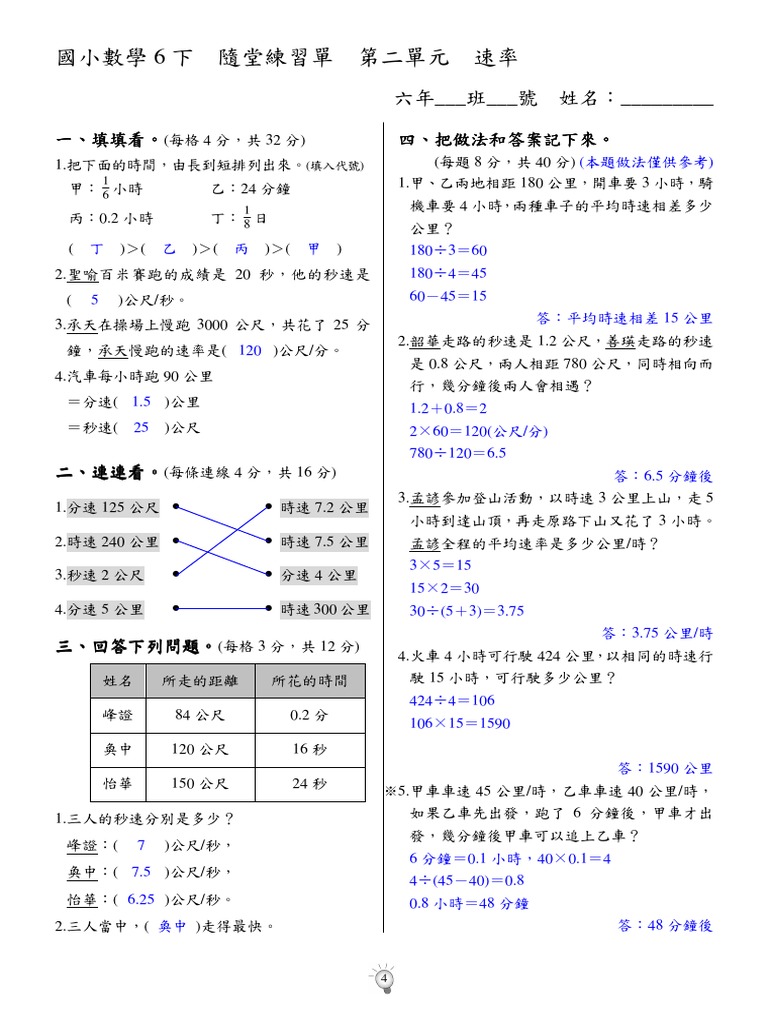 數學6下第04回隨堂練習單 教 第02單元 Pdf