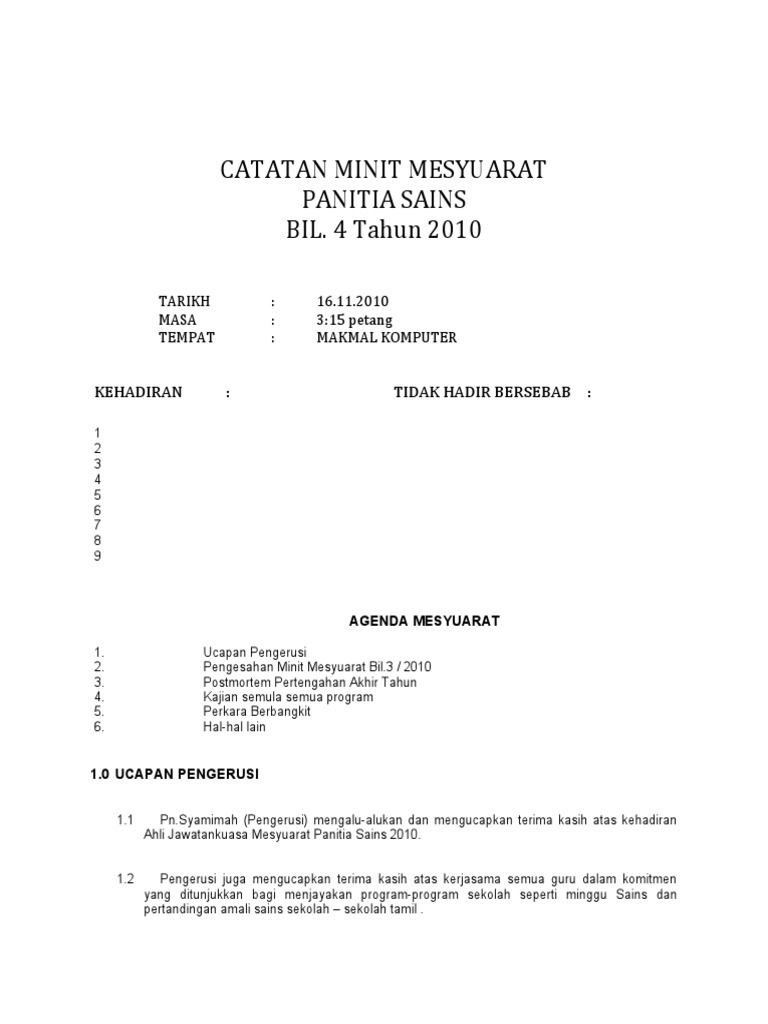 Minit Mesyuarat Panitia Sains Kali Ke 4