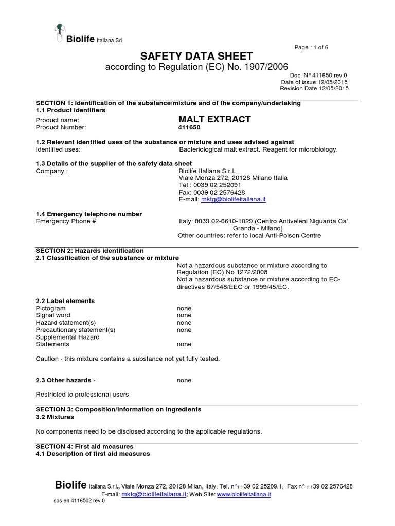 Malt Extract Italia Msds PDF Toxicity Dangerous Goods
