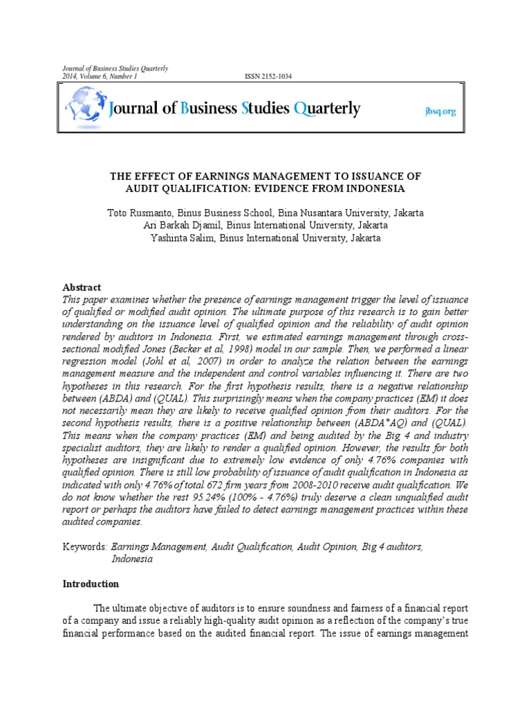 The Effect of Earnings Management To Issuance of Audit Qualification ...
