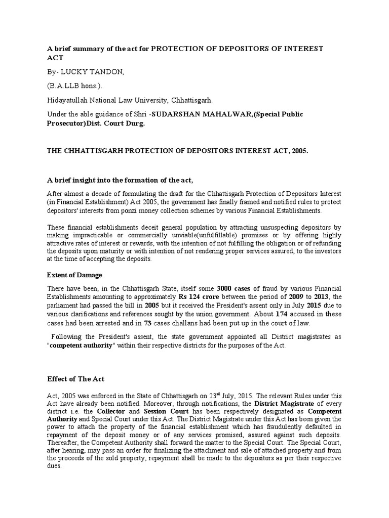A Brief Summary of The Act For PROTECTION OF DEPOSITORS OF INTEREST ACT ...