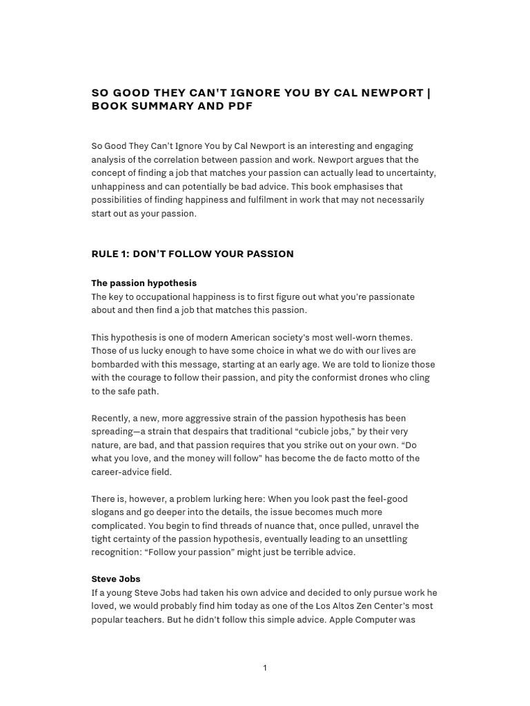 So Good They Cant Ignore You by Cal Newport Book Summary and PDF 1 PDF PDF Steve Jobs Goal