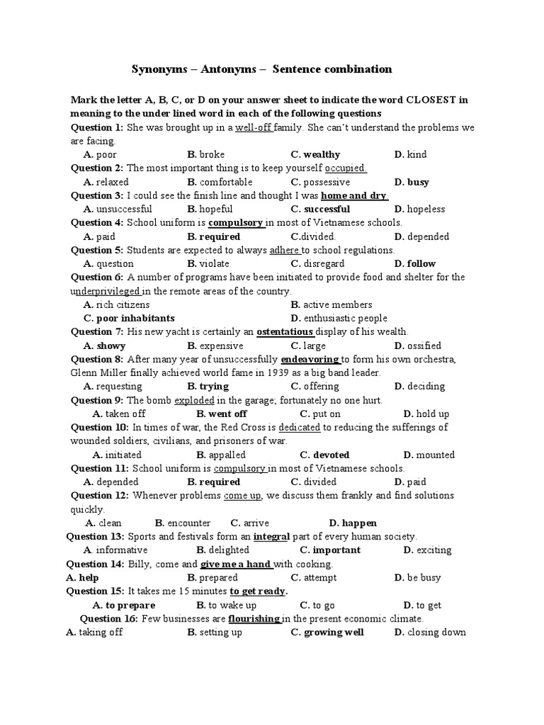 Synonyms Antonyms Sentence Combination Are Facing PDF