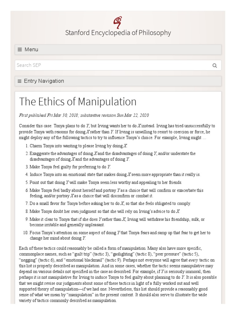 Ethics of Manipulation in Influence | PDF | Free Will | Reason