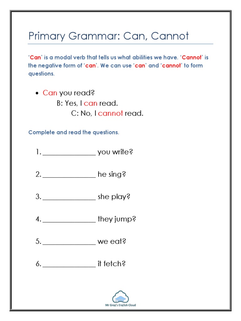 Can and Cannot: Primary Grammar Guide | PDF | Ball Games | Team Sports