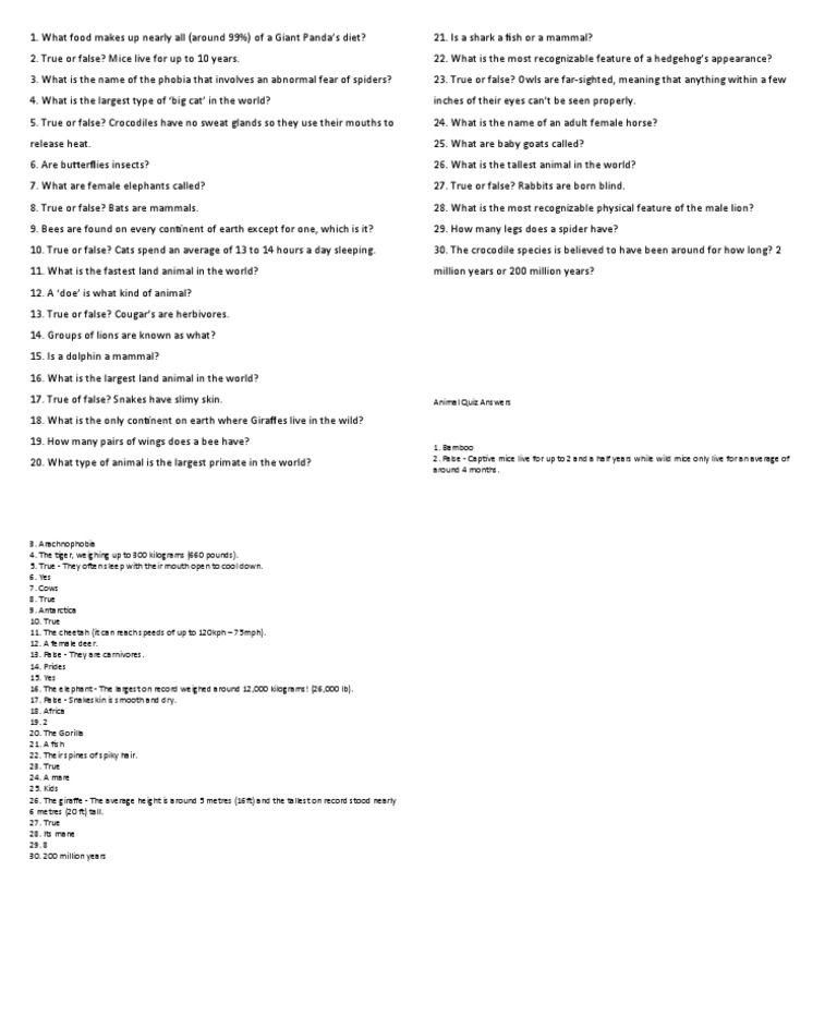 Animal Quiz Answers PDF Mammals Spider