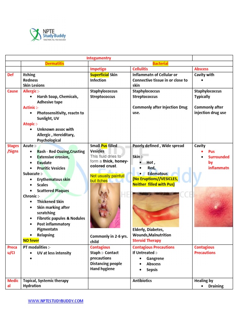 Integumentry Dermatitis Bacterial Impetigo Cellulitis Abscess Def | PDF ...