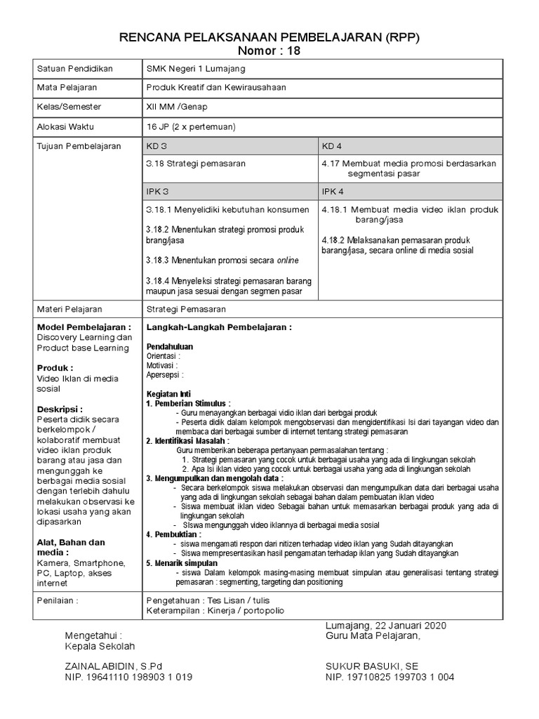 RPP Strategi Pemasaran Kreatif Siswa | PDF