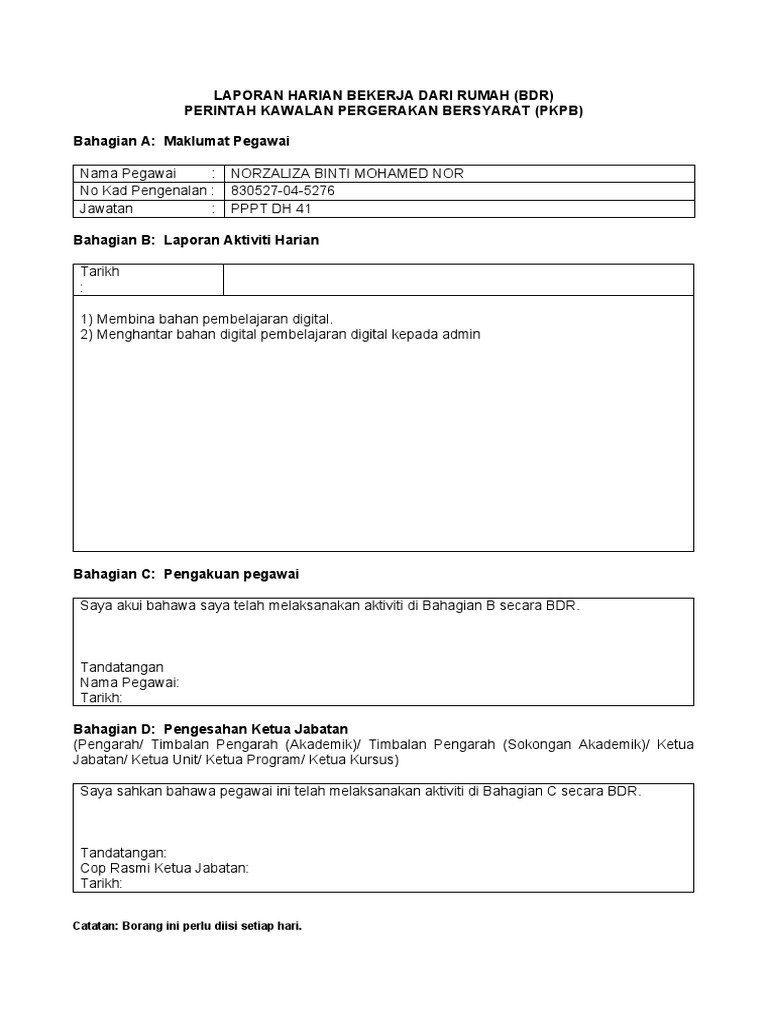 Borang Laporan Harian Bdr Pdf