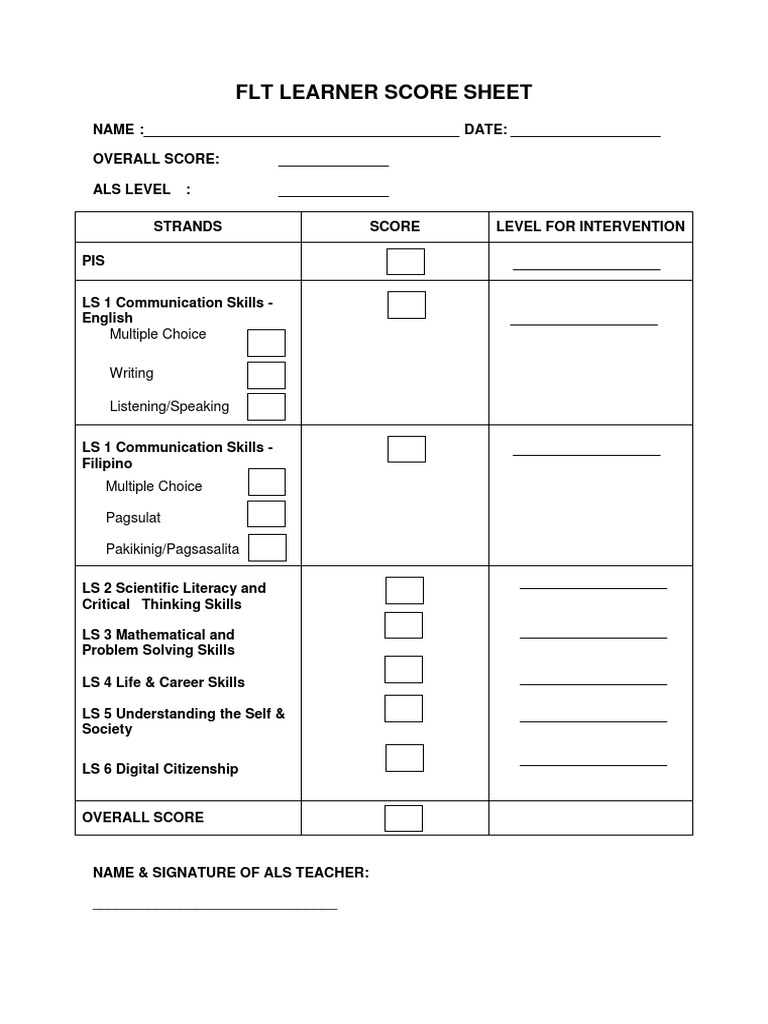FLT Learner Score Sheet for ALS | PDF | Social Science | Foreign ...
