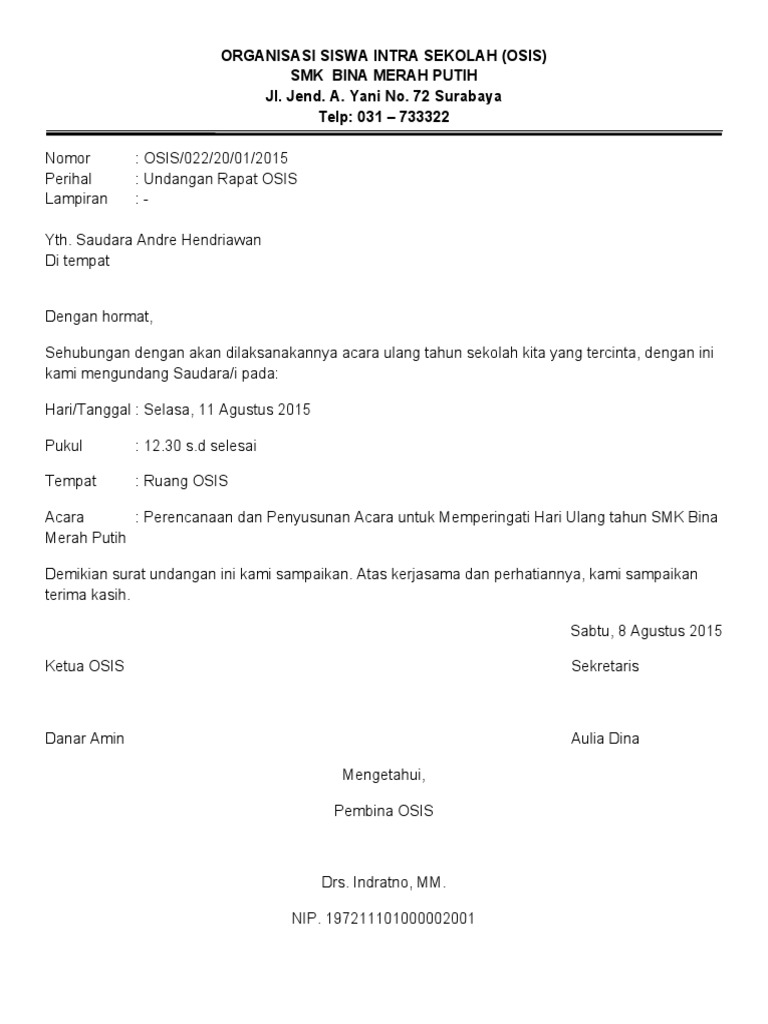 Contoh Surat Undangan Rapat Osis