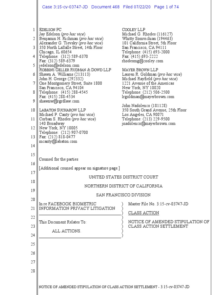 FB Biometrics Filing PDF Settlement (Litigation) Class Action