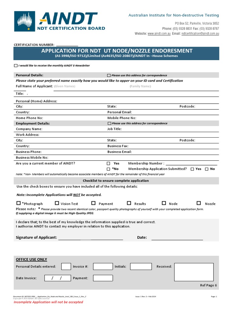 Application For NDT Ut Node/Nozzle Endoresment | PDF | Nondestructive ...